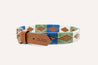 A Huck & Harlowe dog collar with a blue, green and brown pattern. (Brand Name: Zilker Belts)