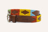 Dark brown leather kid's belt with bright yellow, sky blue, green, and orange stitching. Zilker Belt logo embossing.