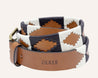 Light brown leather belt with black and white stitching. Zilker Belt logo embossing.