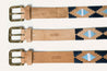 Three Moontowers belts with blue and gold buckles.