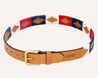 a Willie belt with a red, blue and white pattern by Zilker Belts.