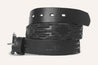 Black Argentine leather Maverick belt with a buckle, isolated on a white background by Zilker Belts.