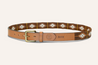 A brown leather dog collar with a geometric pattern and a metal buckle, featuring a branded logo "Texas Wildlife Association" on it.