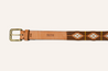 Leather belt with a geometric pattern and a metal buckle, displaying the brand name 'Texas Wildlife Association' on a smooth tan patch, by Zilker Belts.