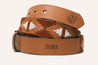 A Texas Exes (Pre-Order) tan leather belt with an aztec pattern from Zilker Belts.