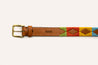 Light brown leather belt with bright yellow, sky blue, green, and orange stitching. Zilker Belt logo embossing and recording microphone embossing.