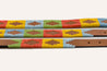 Dark brown leather dog collar with bright yellow, sky blue, green, and orange stitching. Zilker Belt logo embossing. Image showcases 3 sizes: small dog collar, medium dog collar, and large dog collar.