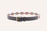 a Zilker Belts ATX Dark leather belt with an orange and black pattern.