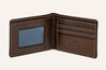 The Bouldin Creek Wallet by Zilker Belts is open, revealing a transparent ID slot on the left and three card slots on the right. The word "Zaker" is embossed on the lower right side, with an interior accented by Argentine woven fabric.