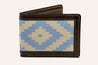 A Bouldin Creek blue and brown wallet with an aztec pattern by Zilker Belts.