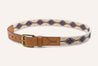 A Cowboy belt with a blue and white pattern from Zilker Belts.