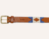 a Deep Eddy belt with a blue and brown aztec pattern from Zilker Belts.