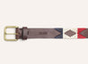 a brown leather Freedom belt with a red, white and blue pattern by Zilker Belts.