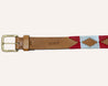 a Landshark belt with a red, blue and white pattern by Zilker Belts.