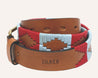a Landshark belt with a red, blue and white aztec pattern by Zilker Belts.