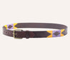 A Mardi Gras belt with a yellow and purple pattern from Zilker Belts.