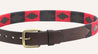 a Raider leather belt with a red and black pattern by Zilker Belts.