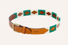 A brown and green Save Muny belt with a gold buckle by Zilker Belts.