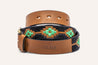 A Verde belt with a green and brown aztec pattern from Zilker Belts.