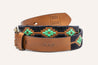 A Verde belt with a green and brown pattern on it, made by Zilker Belts.