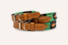 A brown and green leather Verde Dog Collar with the name Zilker Belts.