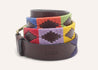 a Waterloo belt with a colorful pattern on it from Zilker Belts.