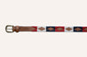 A Willie Kids belt with a red, blue, and white pattern. Brand Name: Zilker Belts.